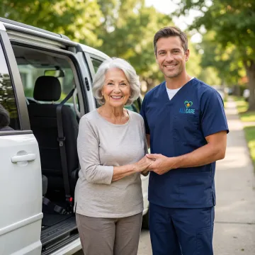 Senior citizen smiling while being assisted by caring medical transport driver
