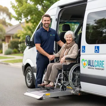 Professional caregiver assisting senior citizen into wheelchair-accessible medical transport vehicle