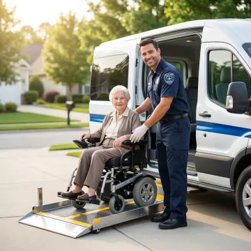 Medical transport specialist assisting senior patient with wheelchair boarding