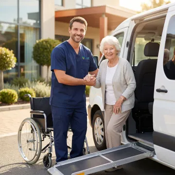 Professional medical transport vehicle assisting senior resident from assisted living facility