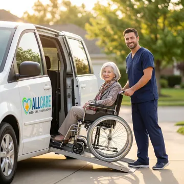 Transport specialist assisting elderly passenger into wheelchair van