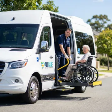 Wheelchair-accessible medical transport van with lift deployed