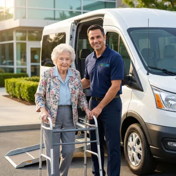 Professional medical transport driver assisting senior patient into accessible vehicle for doctor appointment