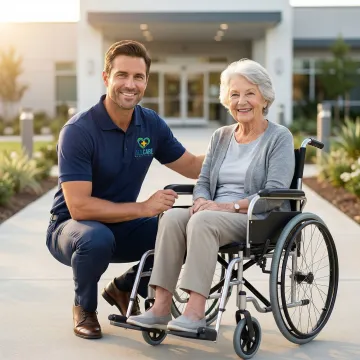 Caring medical transport driver helping elderly woman with wheelchair into accessible vehicle