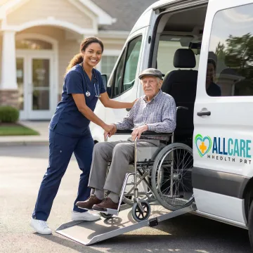 Medical transport specialist assisting senior patient into accessible vehicle