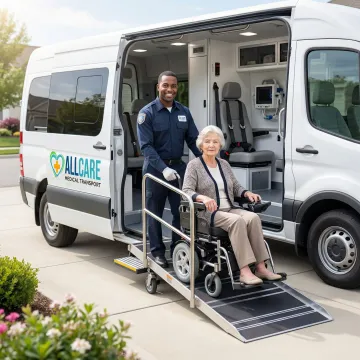 Professional medical transport vehicle with wheelchair accessibility ramp