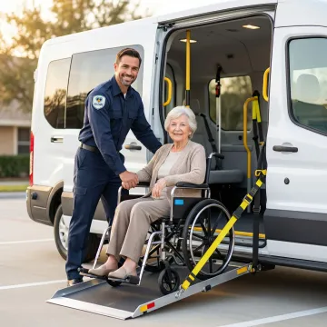 Professional medical transport specialist assisting patient in wheelchair into accessible vehicle