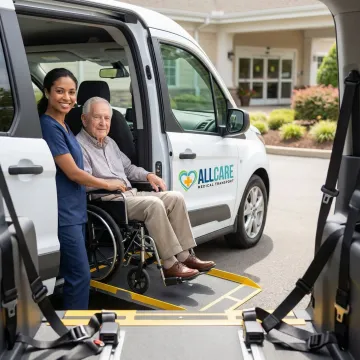 Medical transport specialist helping elderly patient into wheelchair accessible vehicle