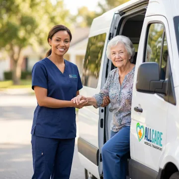 Caring medical transport staff assisting senior patient
