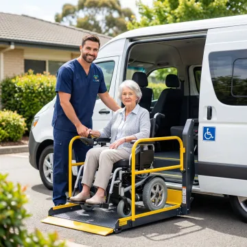 Professional medical transport specialist assisting elderly passenger in wheelchair into accessible vehicle