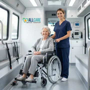 Senior woman in wheelchair smiling while being assisted by caring medical transport specialist