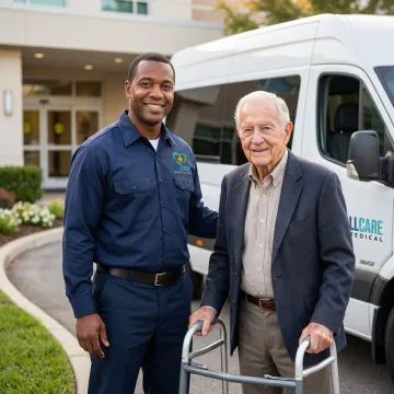 Senior patient smiling while being assisted by caring transport specialist