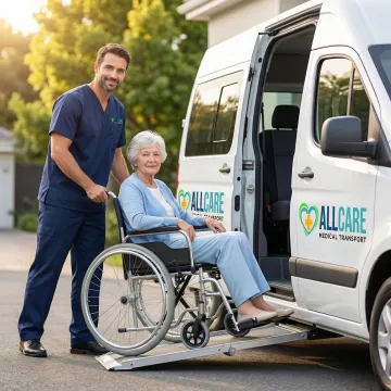 Professional medical transport driver assisting senior patient into wheelchair-accessible vehicle
