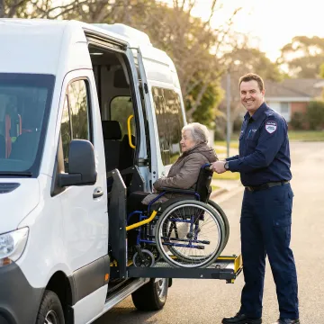Caring medical transport specialist assisting elderly patient into wheelchair-accessible vehicle