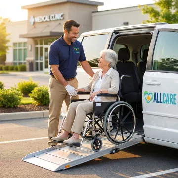 Professional medical transport van with wheelchair lift assisting patient