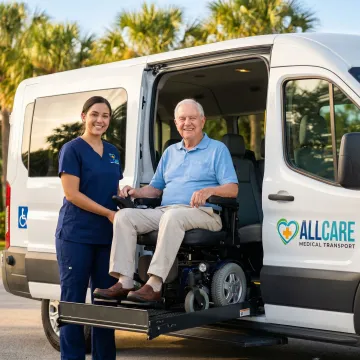 Professional medical transport specialist assisting elderly passenger in wheelchair into accessible vehicle