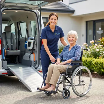 Caring medical transport team member helping elderly woman with wheelchair into modern accessible van
