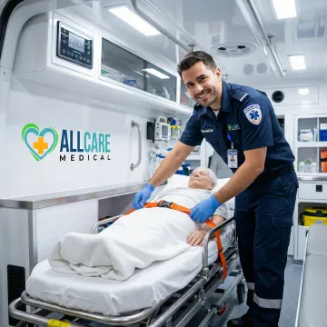 Interior of stretcher van showing secured medical stretcher and safety equipment