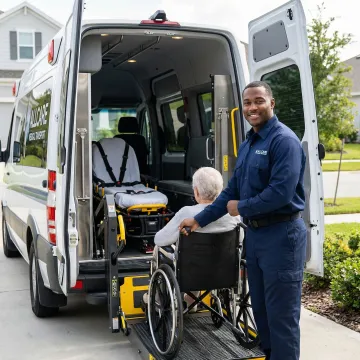 Modern medical stretcher van with hydraulic lift and patient inside