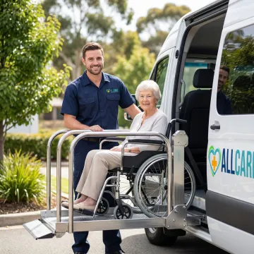 Professional medical transport vehicle with wheelchair lift assisting elderly patient