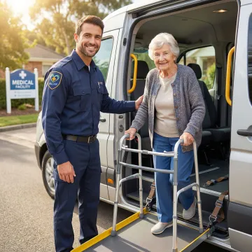 Compassionate medical transport specialist assisting elderly woman into wheelchair van