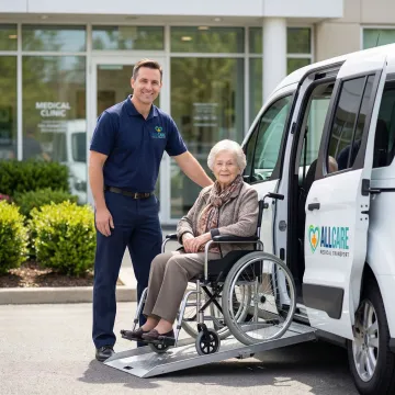 Professional medical transport provider assisting patient with wheelchair