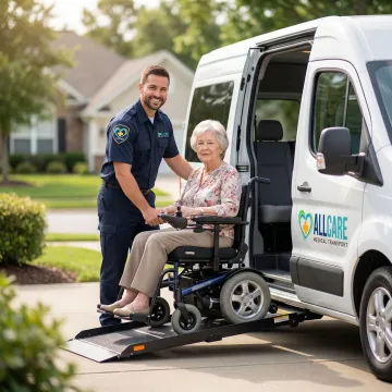 Medical transport specialist assisting elderly patient in wheelchair into accessible vehicle