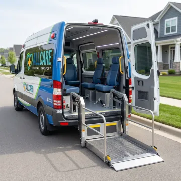 Wheelchair-accessible medical transport van with lift deployed for patient boarding