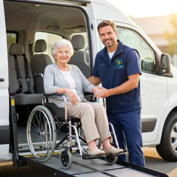 Caring transport specialist assisting senior patient into wheelchair van