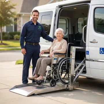 Professional wheelchair transport van with lift assisting elderly patient