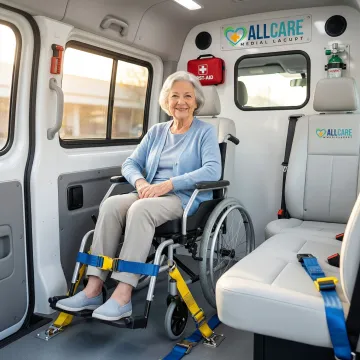Senior passenger smiling comfortably inside wheelchair accessible medical transport van