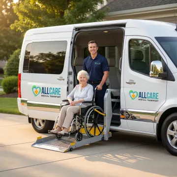 Wheelchair accessible van with hydraulic lift assisting passenger in wheelchair
