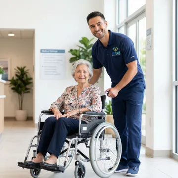 Caring medical transport specialist assisting elderly passenger with wheelchair