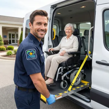 Professional wheelchair-accessible transport van with hydraulic lift assisting passenger