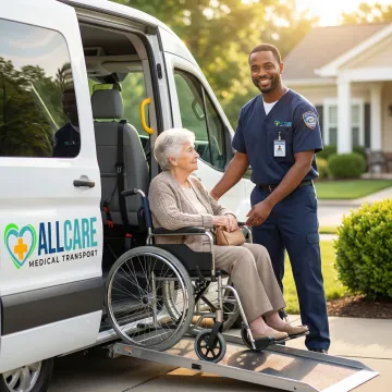 Compassionate medical transport specialist assisting elderly patient into comfortable transport vehicle