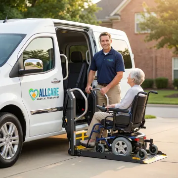 Professional medical transport van with wheelchair accessibility assisting elderly passenger