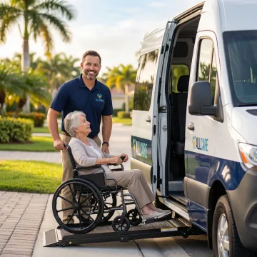Professional medical transport vehicle assisting senior citizen in Flagler County