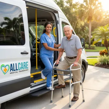Senior care professional assisting elderly patient with medical transport