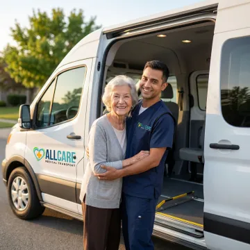 Senior woman smiling while being assisted by caring medical transport driver