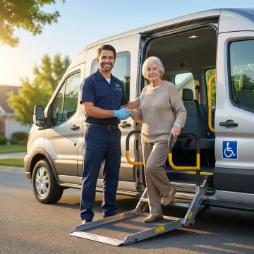 Professional caregiver assisting elderly passenger into wheelchair-accessible medical transport vehicle