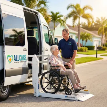 Professional medical transport van assisting elderly passenger in Greenacres, Florida