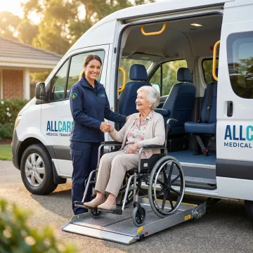 Transport specialist helping elderly patient into wheelchair-accessible medical van