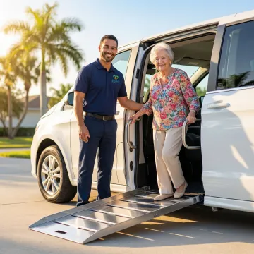 Senior citizen being assisted into wheelchair-accessible medical transport van in Volusia County