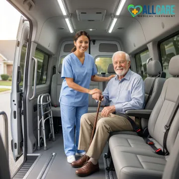 Caring medical transport specialist assisting senior with wheelchair in modern transport vehicle