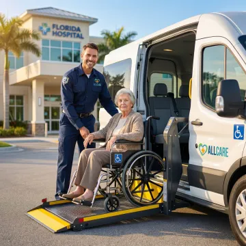 Compassionate transport specialist assisting wheelchair passenger into accessible vehicle