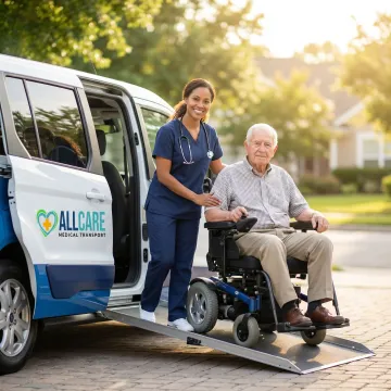 Senior citizen being assisted into a wheelchair-accessible transport van by a caring professional driver