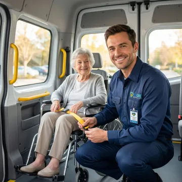 Professional medical transport specialist assisting senior client with compassionate care and attention