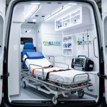 Comfortable medical stretcher inside a climate-controlled transport vehicle with safety equipment