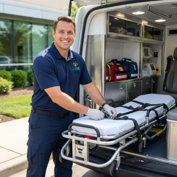 Medical stretcher being loaded into a specialized transport vehicle by trained professionals