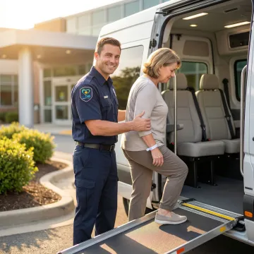 Post-operative patient receiving gentle assistance into medical transport vehicle